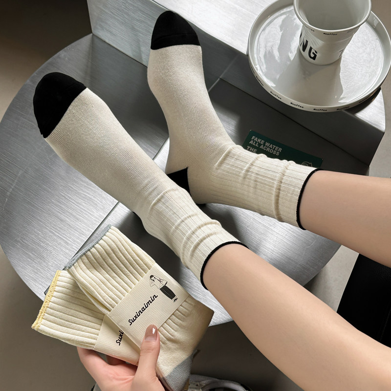 吸湿排汗女纯棉撞色中筒袜双针