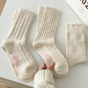袜子女款秋冬纯棉中筒米色双针粗线诸暨新款潮长袜复古月子堆堆袜