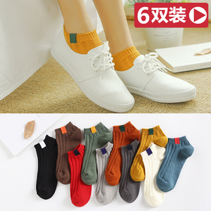 袜子女 短袜 浅口 韩国 可爱春秋纯棉运动船袜纯色薄款防臭中筒袜