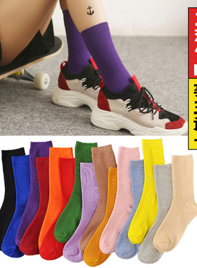 堆堆袜女薄款紫色韩国四季潮袜纯棉纯色条纹长袜子韩版学生中筒袜