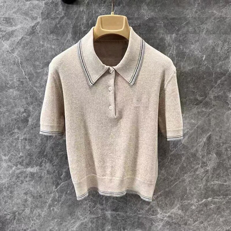 翻领米色撞色条纹POLO领针织短袖女修身显瘦休闲上衣针织polo衫
