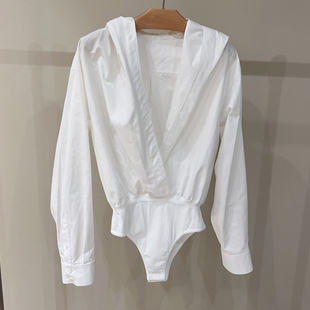 早春新款时尚气质收腰显瘦设计感长袖连帽衬衫女连体上衣洋气