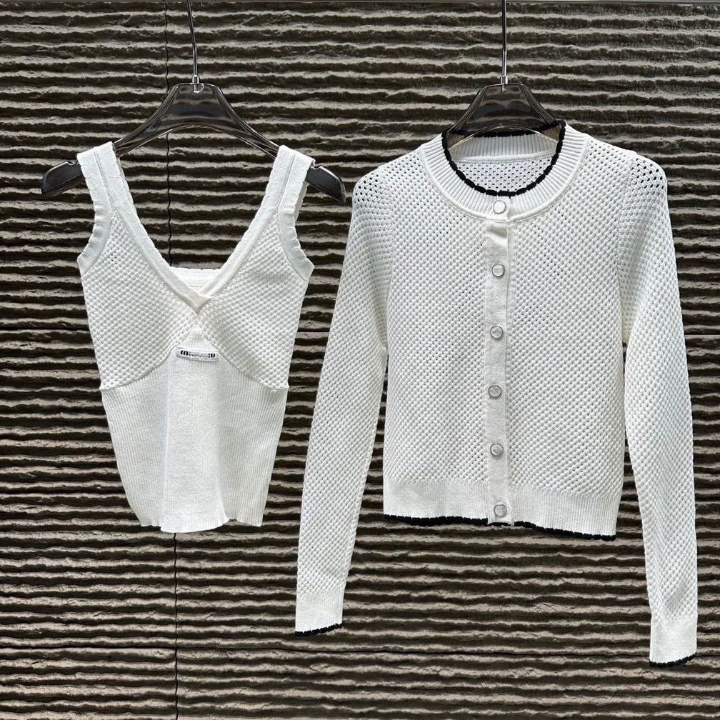 镂空V领针织背心开衫女两件套装修身显瘦百搭长袖上衣