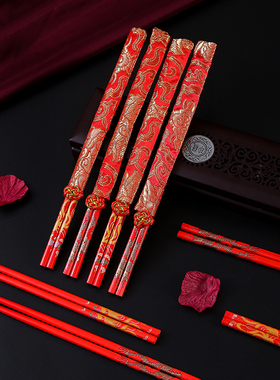 红色喜庆筷子结婚用品创意龙凤喜筷十双装锦缎布套喜宴竹木红筷子