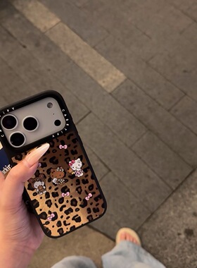 ins三只豹纹凯蒂猫iPhone17ProMax苹果16手机壳15p潮流14银镜黑框