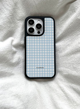 小清新ins蓝色格纹苹果15promax手机壳14pro简约13/12磨砂玻璃16P