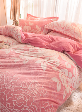 6d雕花绒四件套加厚双面绒水晶绒法莱法兰绒冬季珊瑚绒床单被套