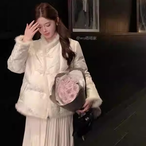 提花白色加厚保暖棉服外套新中式