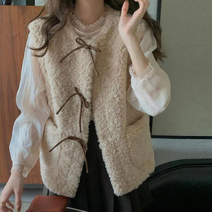 羊羔毛马甲女2025早秋季 蝴蝶结坎肩外穿宽松气质马夹背心外套 新款