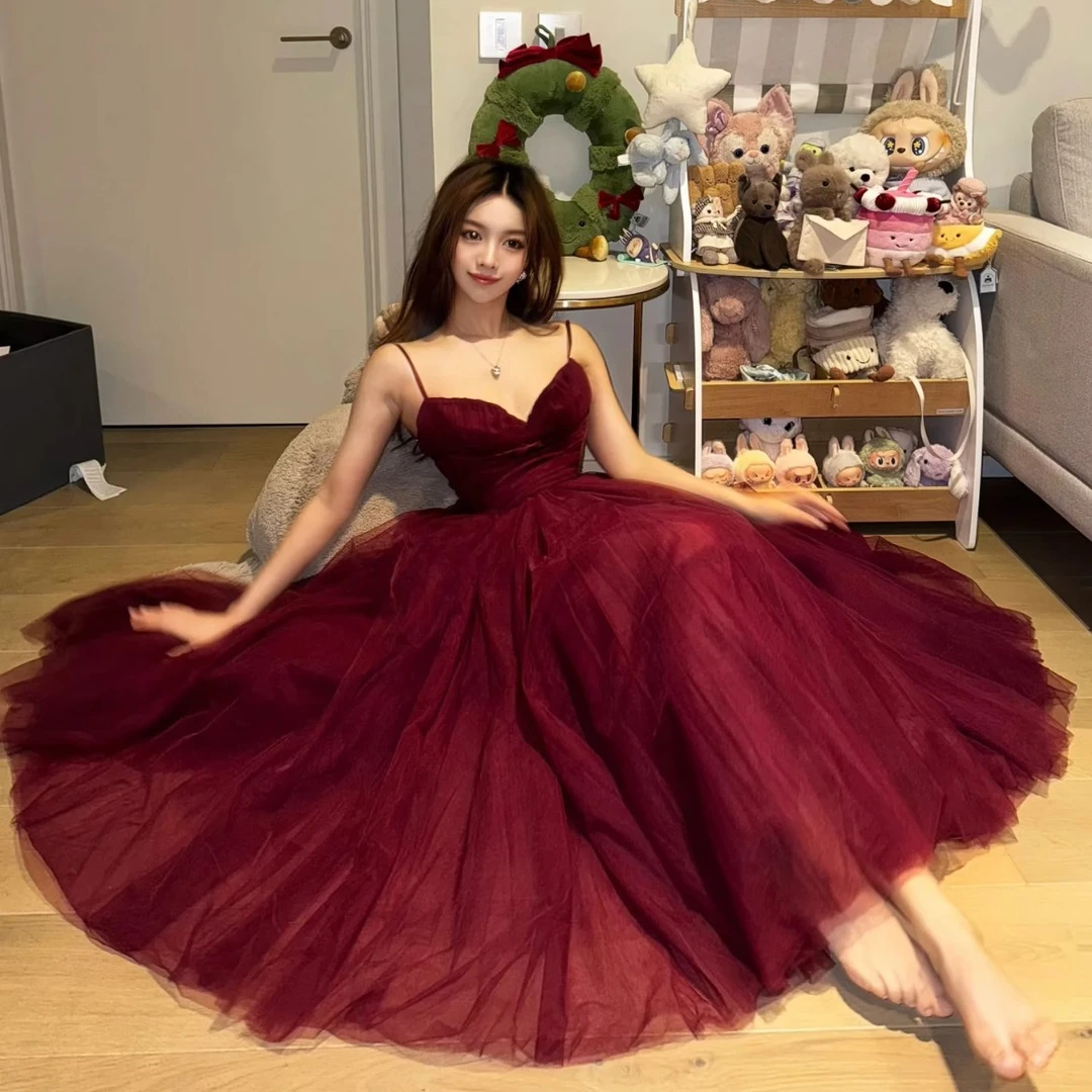 颖三三新年红裙吊带连衣裙甜美气质蓬蓬纱裙生日小礼服优雅长裙