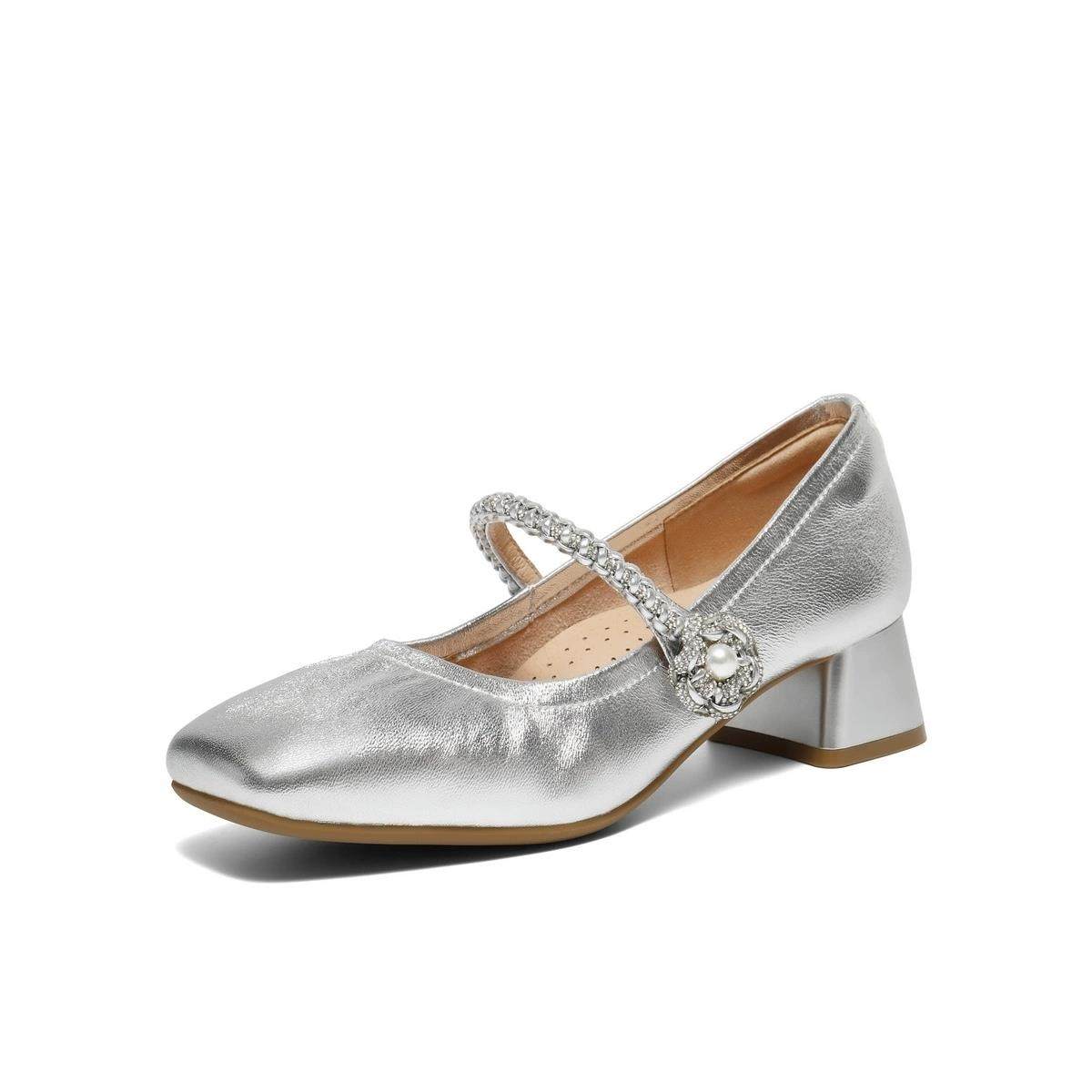 百丽粗高跟银色玛丽珍鞋女鞋