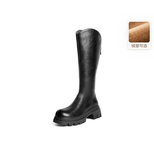 百丽厚底加绒小V高长弹力靴女鞋 显廋骑士长筒靴E5F2D 子2025冬新款