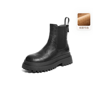 E7R1DDD5 休闲短靴E7R1 百丽加绒厚底切尔西靴烟筒靴女鞋 2025冬款