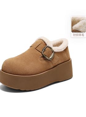 百丽厚底加绒乐福鞋全包勃肯鞋女鞋2025冬新单鞋雪地靴E4S1 E4S1D