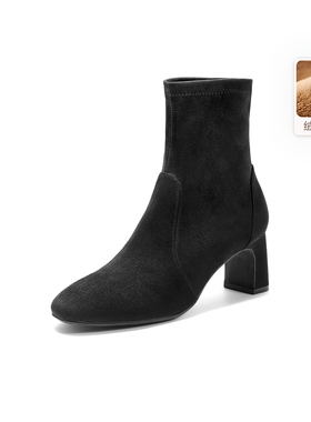 百丽弹力显瘦高跟短靴女鞋子2025冬新款优雅时装靴E5P1  E5P1DDZ5