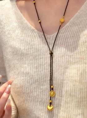 复古沙金黄财神项链女新中式
