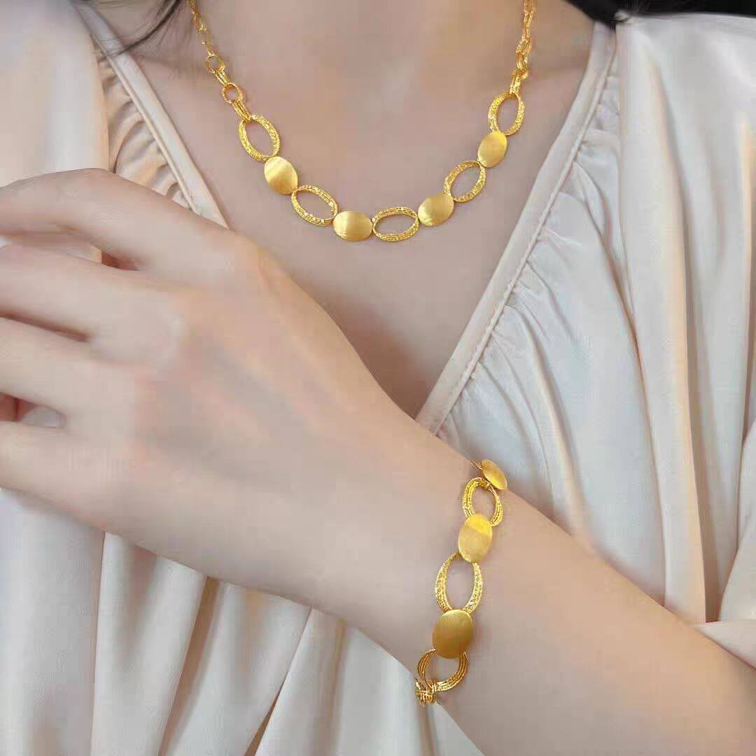 越南沙金光影金丝光环女轻奢宫廷拉丝工艺椭圆形环环相扣项链耳环