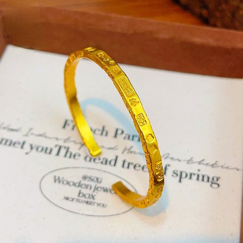 金店同款沙金吉言平安吉祥手镯实心开口镯子手工錾刻送女朋友礼物