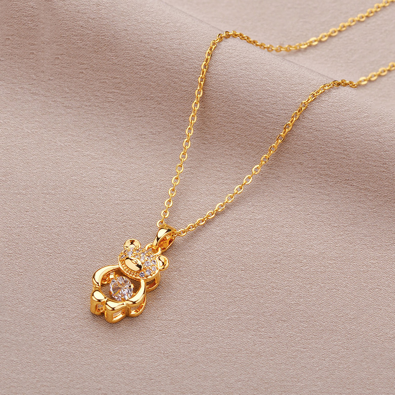 小熊项链女轻奢气质ins跳动的心锆石吊坠钛钢锁骨链网红同款饰品