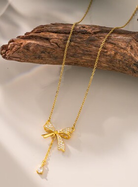 高级感闪钻蝴蝶结流苏水滴项链