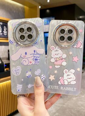 适用华为畅玩70PLUS/P80/MATE60精孔羽纱卡通全包带闪粉镜头防摔硬手机壳荣耀400/X30/NOVA14/11/9保护套批发