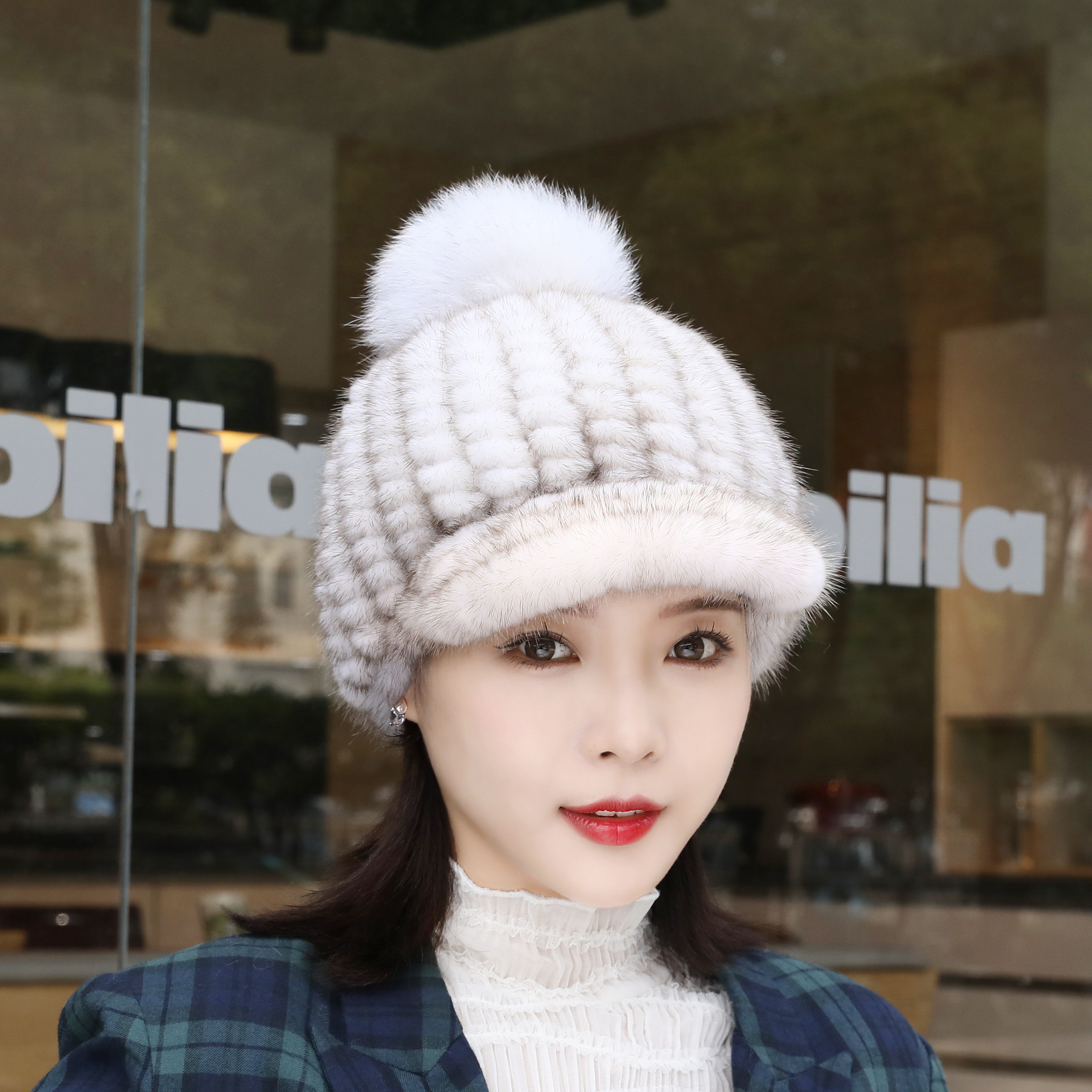 水貂帽子女士冬季保暖护耳鸭舌帽水貂毛编织皮草女帽手工真皮女帽