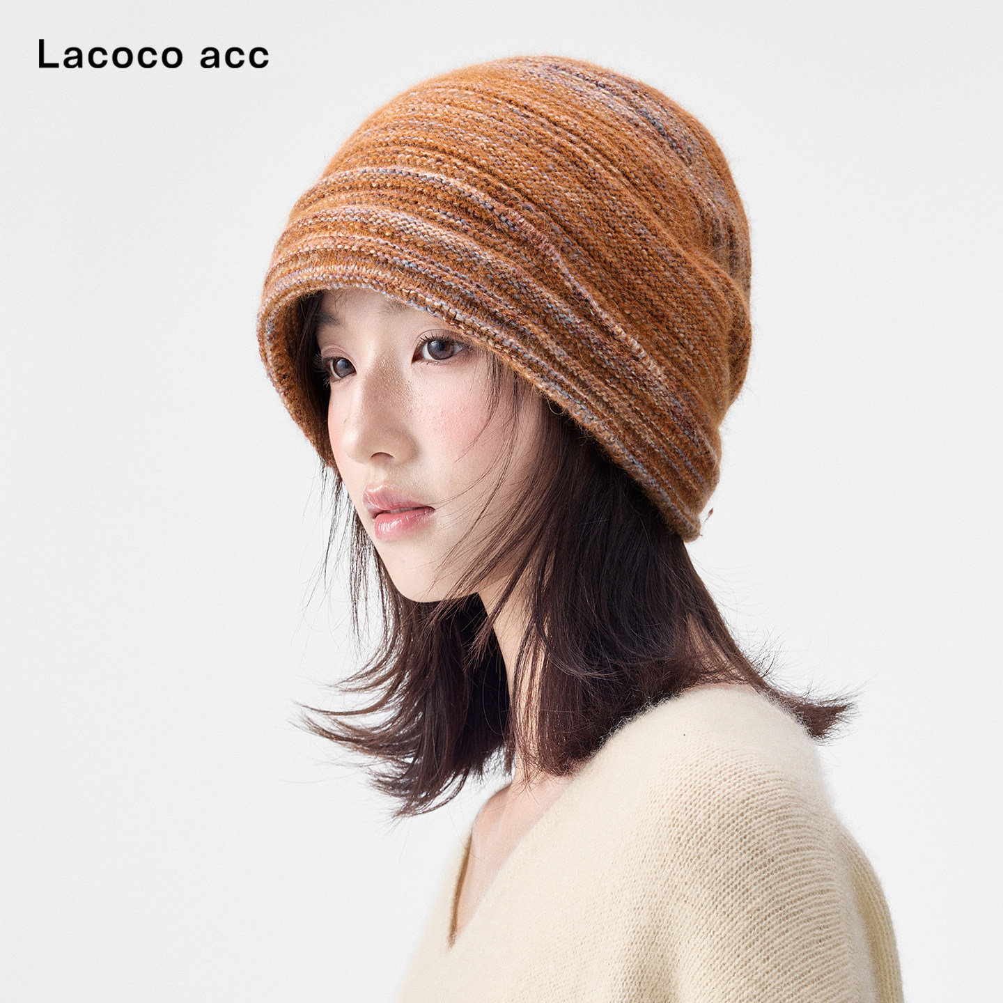 Lacoco韩系褶皱混纱翻边针织冷帽女2026秋冬保暖显脸小包头堆堆帽