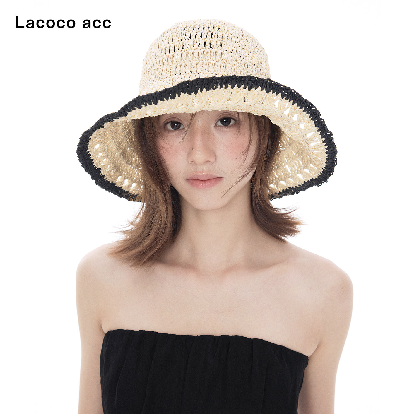 Lacoco 手工编织镂空草帽女夏季百搭盆帽沙滩海边防晒大檐渔夫帽