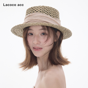 Lacoco 老钱风镂空平顶草帽夏季海边度假氛围感沙滩帽百搭礼帽女