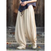 高端苎麻禅意打坐灯笼裤 棉麻裤 文艺复古宽松拼接南瓜裤 新款 子春季