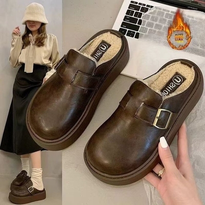 厚底勃肯鞋女外穿包头半拖鞋2025秋冬加绒增高懒人鞋皮面防滑女鞋