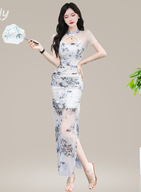 纱网印花桑拿洗浴沐足连衣裙