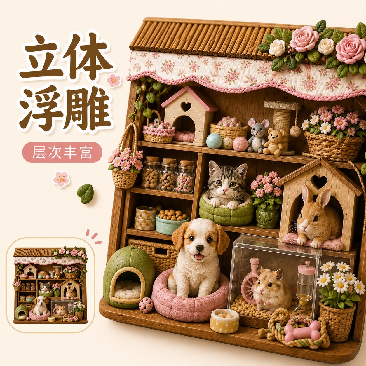 田园鲜花小屋萌宠创意冰箱贴树脂立体浮雕磁吸冰箱贴装可爱饰品