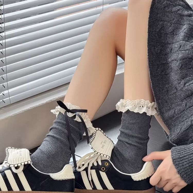 棉短袜子蕾丝边蝴蝶结卡其中筒堆堆袜灰色小腿袜秋冬美拉德咖啡色