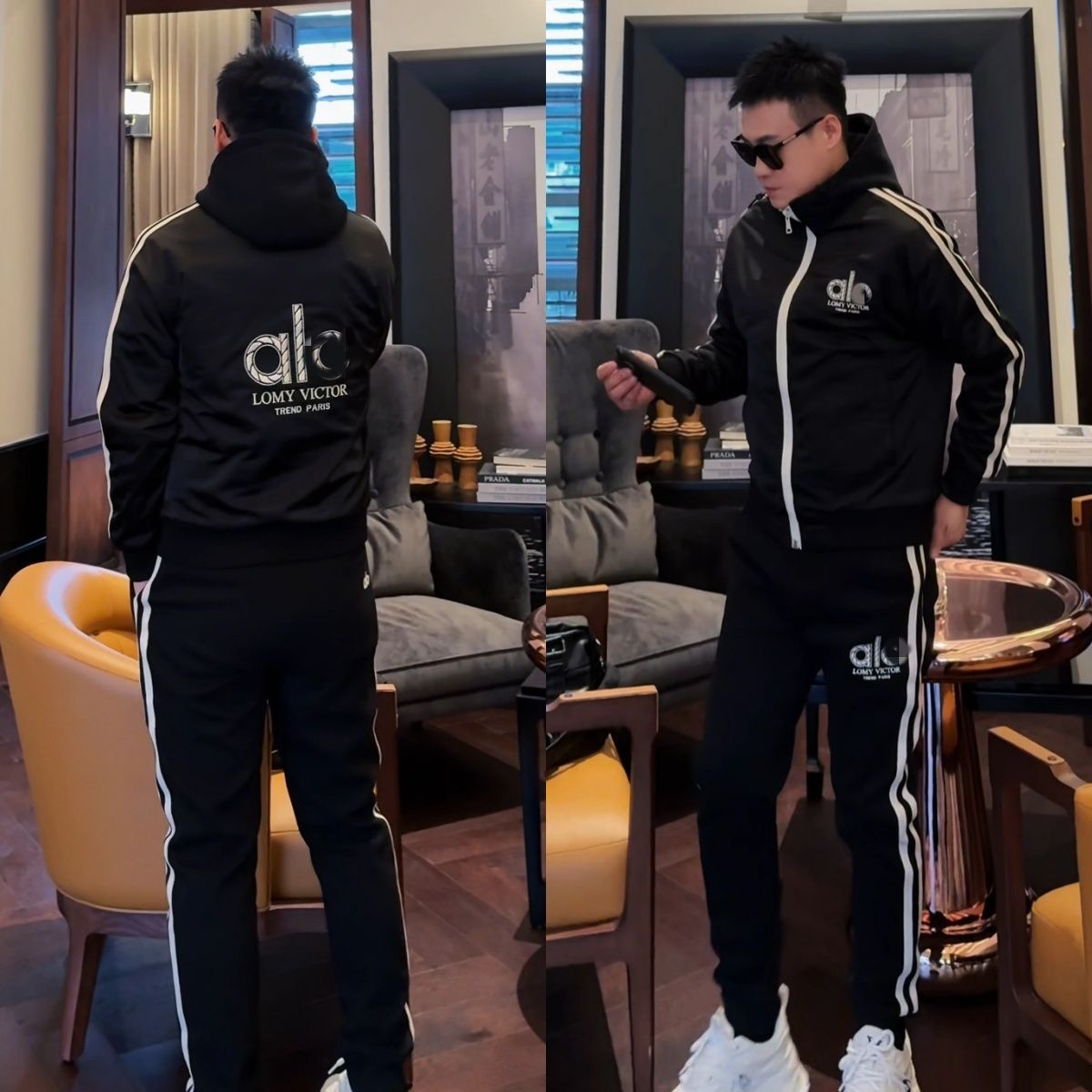 今年流行特惠潮流休闲高质量痞帅男冬季高级感连帽外套运动两件套