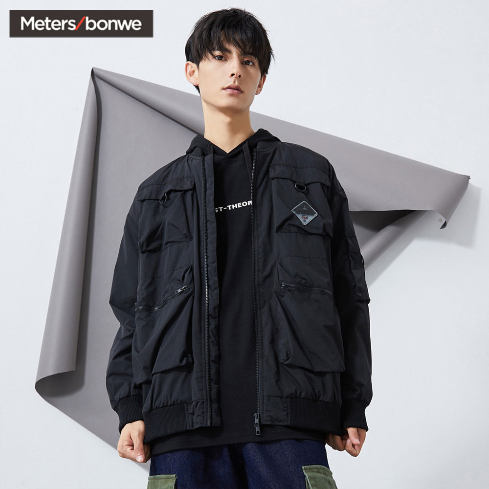 美特斯邦威夹克男黑色2020新款秋季工装风机能薄棉服潮流男士外套