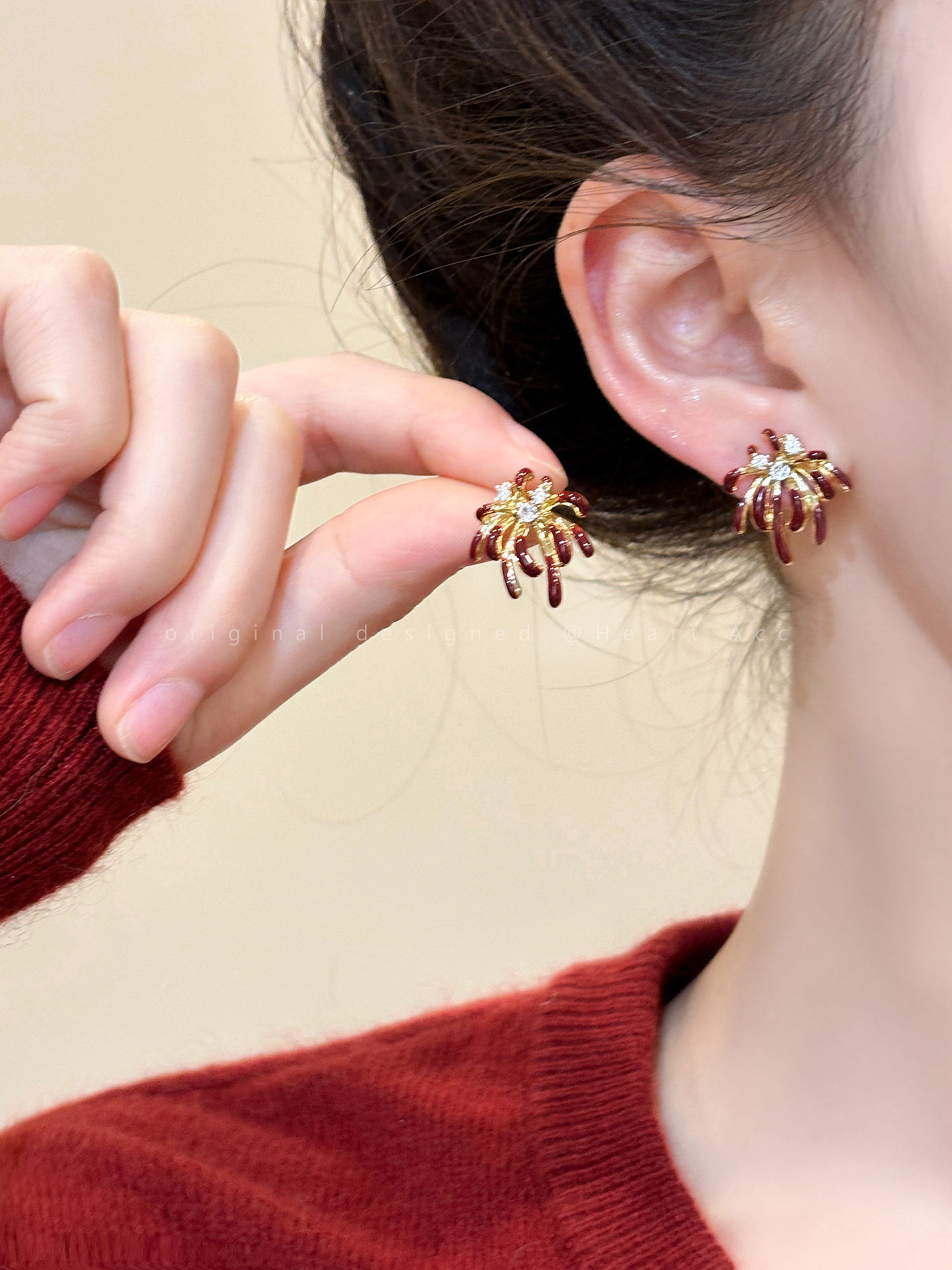 红色珐琅烟花耳环女新款小众独特纯银针耳钉轻奢高级感气质耳饰品,饰品/流行首饰/时尚饰品新,耳钉,淘宝优惠券,粉丝福利购,淘宝优惠卷