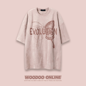 蝴蝶骨架 WOODOO 设计师品牌 美式字母蝴蝶麂皮绒 男女短袖T恤