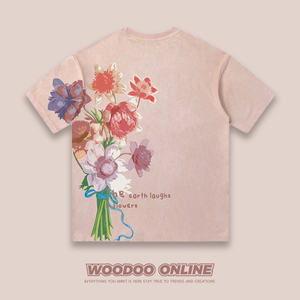 满园春色 WOODOO 设计师品牌 复古字母花卉印花麂皮绒 男女T恤