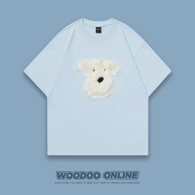 毛绒小狗 WOODOO 设计师品牌 复古休闲宽松狗子印花 男女短袖T恤
