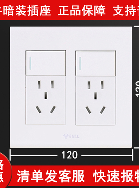 公牛120型白色开关插座大号面板二开十孔控双开两插断电厨房插