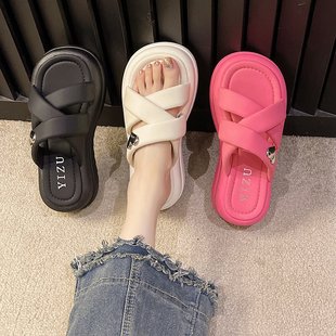 女士拖鞋 2023夏新款 女外穿交叉厚底沙滩凉拖休闲仙女风增高女