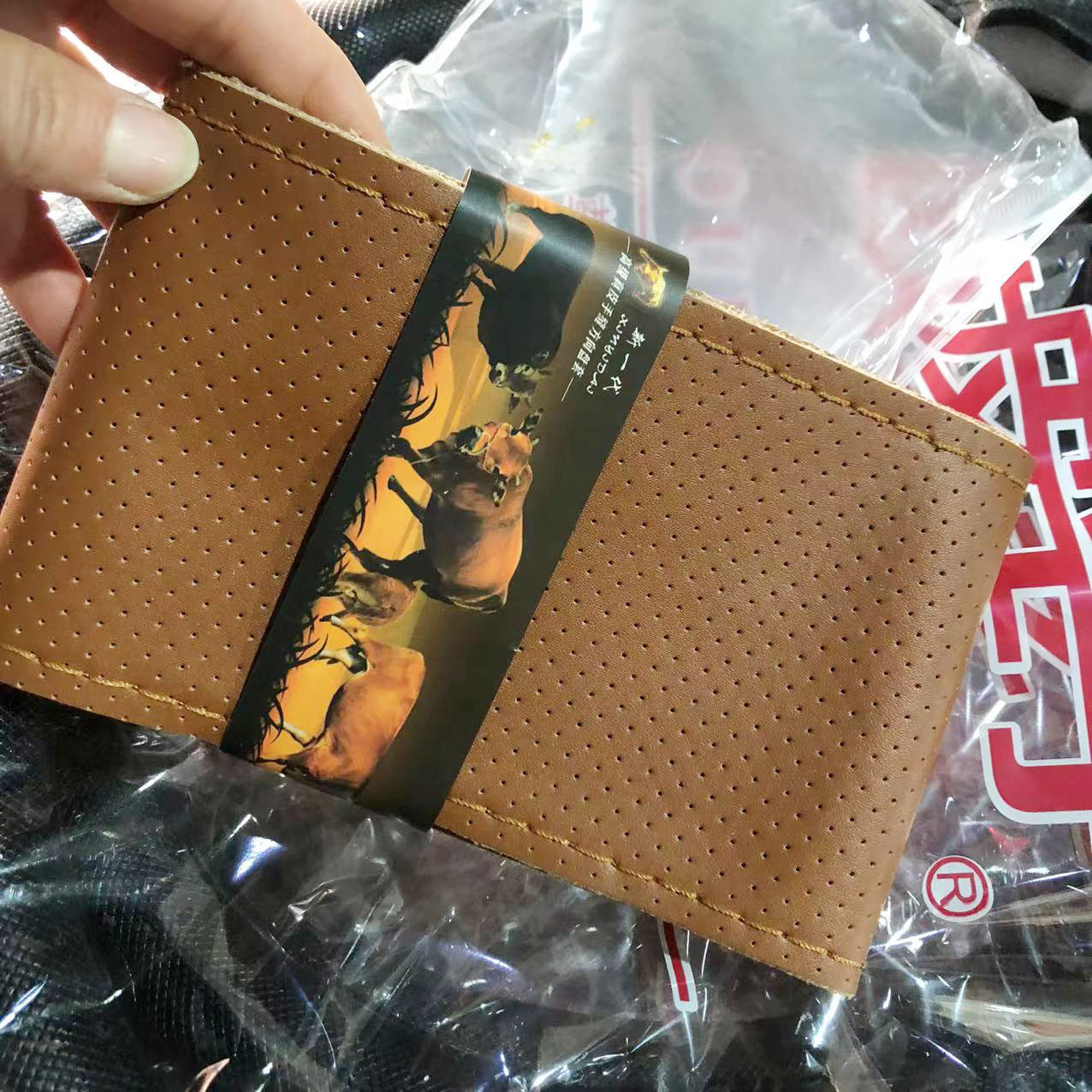 汽车方向盘套真皮手缝超纤皮浅咖啡色浅棕色深卡其色焦糖通用