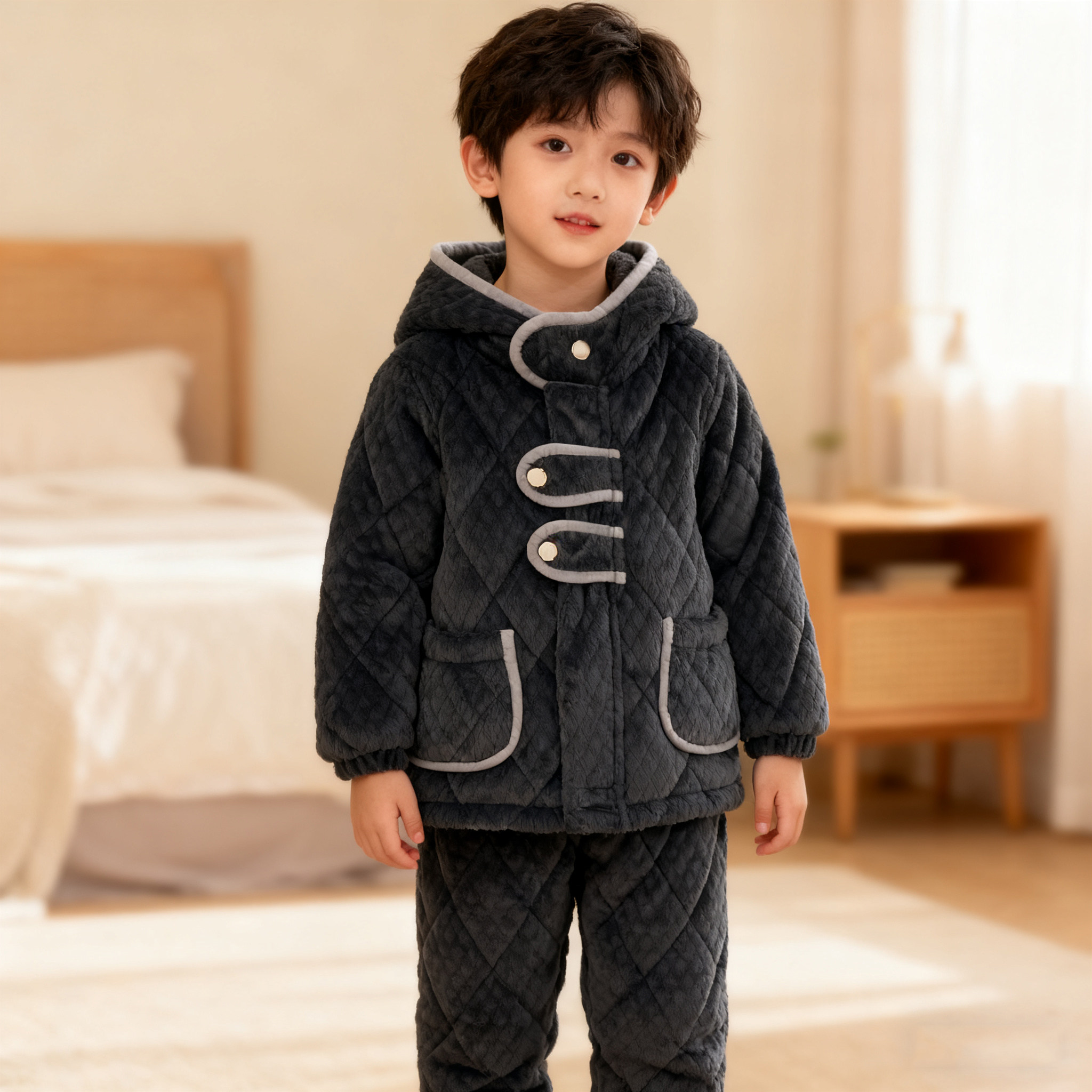 儿童男童法兰绒夹棉厚款中大童珊瑚绒家居服中长款套装睡衣男童冬