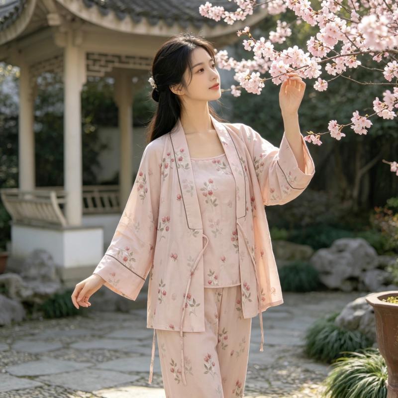 汉服三件套纯棉套装宽袖系带国风家居服