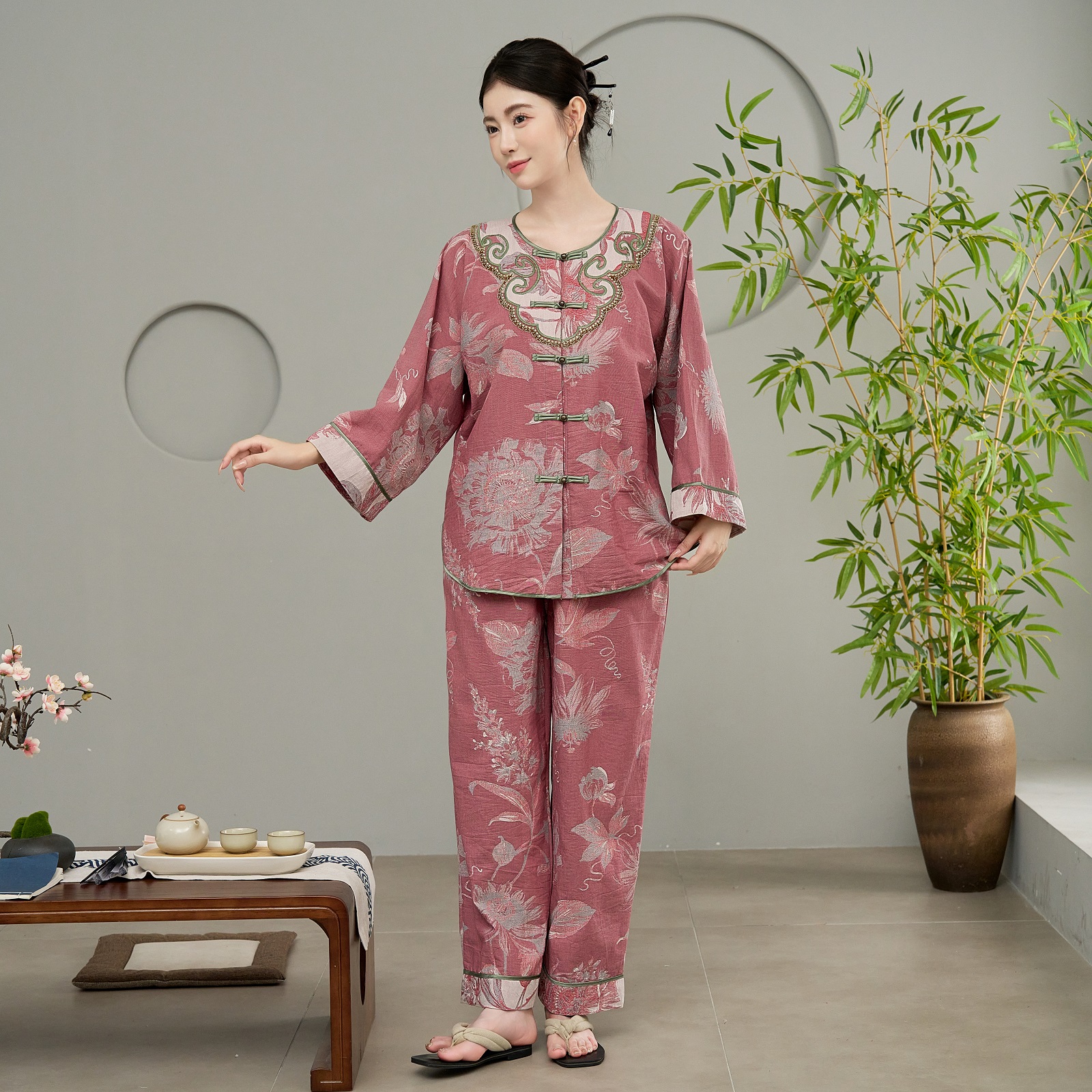 新中式宫廷风女双层纱纯棉睡衣