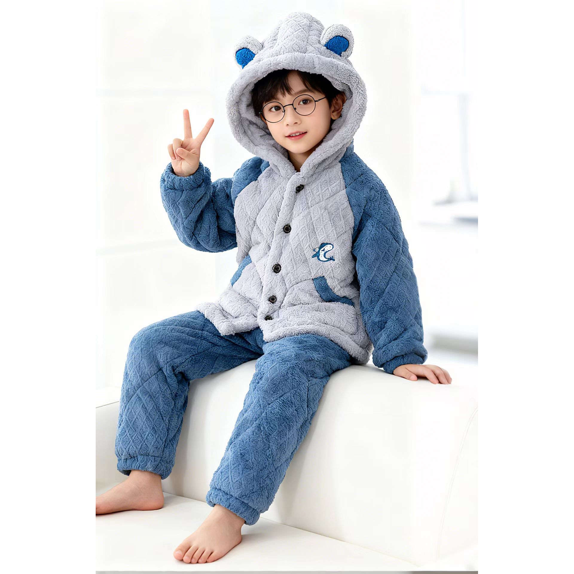 冬季儿童三层加绒加厚睡衣家居服套装