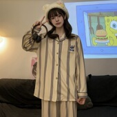 可外穿 宽松家居服套装 厂家情侣款 睡衣卡通条纹史迪仔春秋长袖