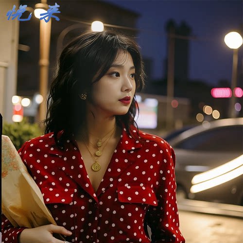 复古港风波点衬衫女酒红色长袖