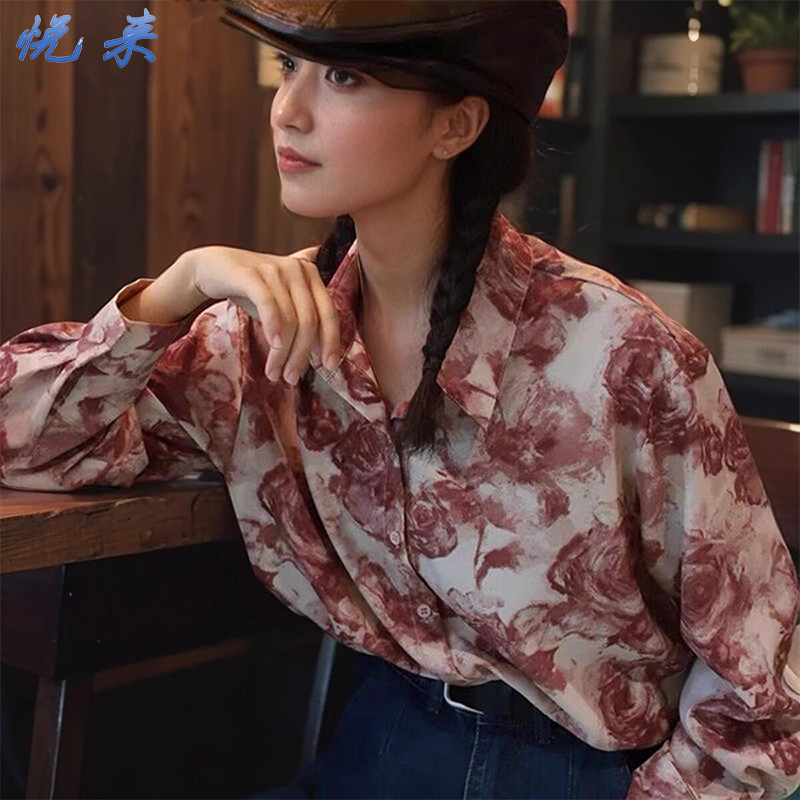 粉色玫瑰花衬衫女2024年新款宽松显瘦休闲复古港风80年代长袖衬衣